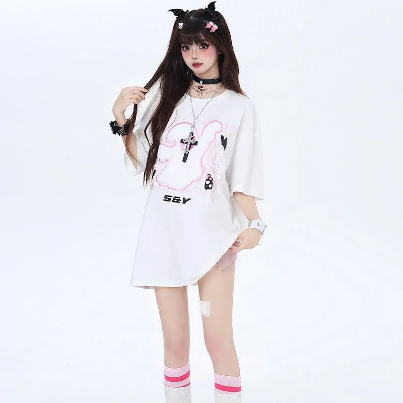 Sweet Cool Girly Style Flocked Little Ghost Embroidered T-shirt