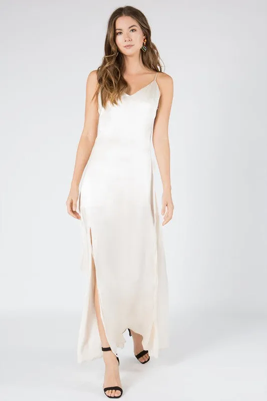 White Satin Spaghetti Strap V Neck Maxi Dress With Side Slits