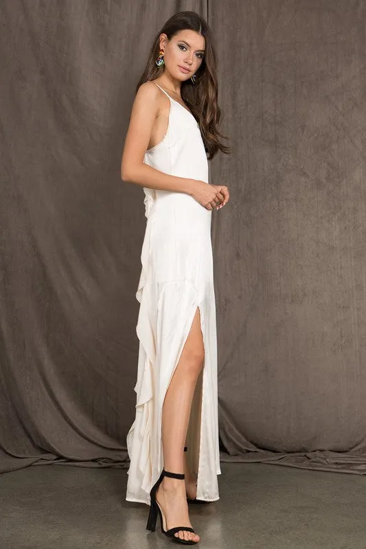 White Satin Spaghetti Strap V Neck Maxi Dress With Side Slits