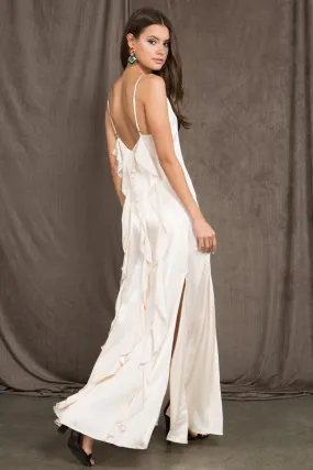 White Satin Spaghetti Strap V Neck Maxi Dress With Side Slits