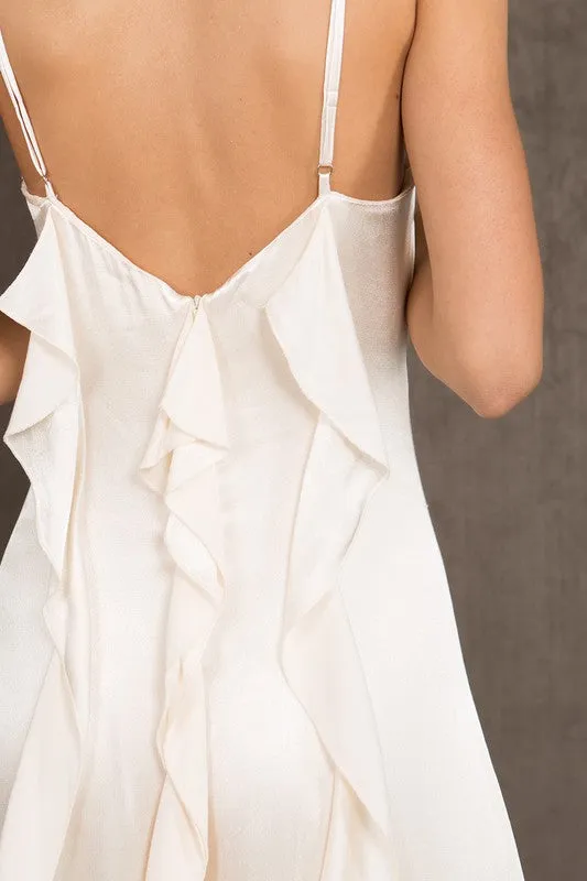 White Satin Spaghetti Strap V Neck Maxi Dress With Side Slits