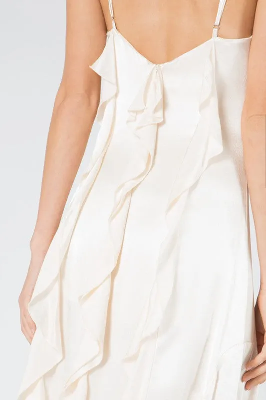 White Satin Spaghetti Strap V Neck Maxi Dress With Side Slits