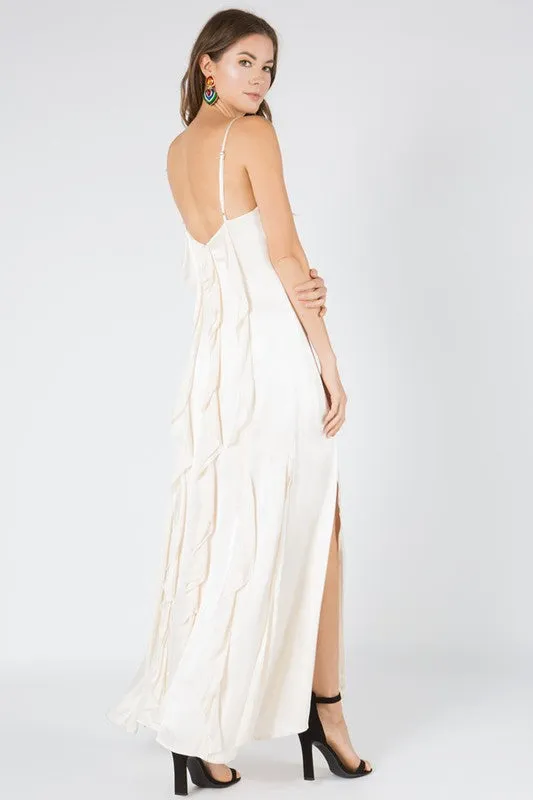 White Satin Spaghetti Strap V Neck Maxi Dress With Side Slits