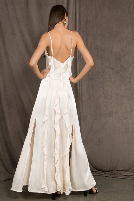 White Satin Spaghetti Strap V Neck Maxi Dress With Side Slits