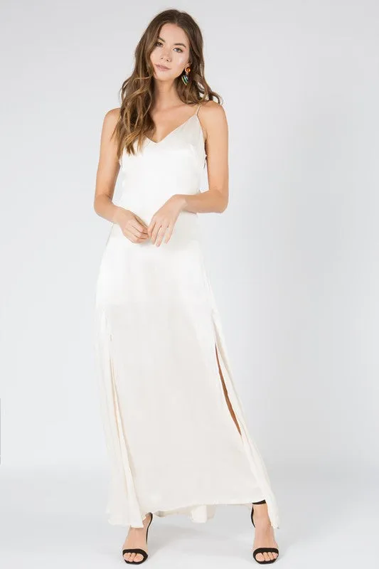 White Satin Spaghetti Strap V Neck Maxi Dress With Side Slits