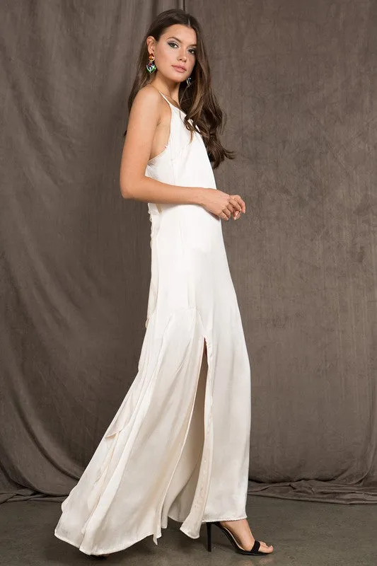 White Satin Spaghetti Strap V Neck Maxi Dress With Side Slits