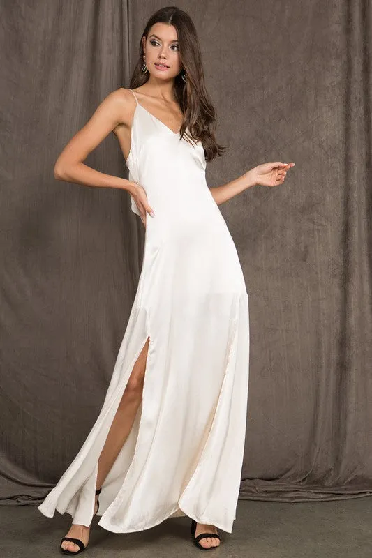White Satin Spaghetti Strap V Neck Maxi Dress With Side Slits